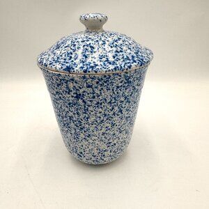 Vintage Art Pottery Blue And White Sponge Ware container with lid country  Farmh